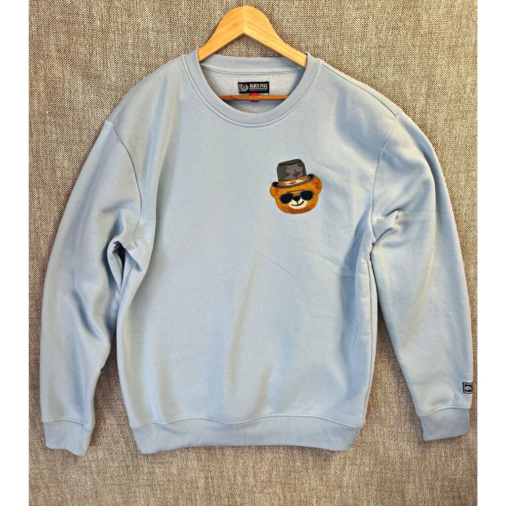 Black Pike Men's Crewneck Sweatshirt Blue Fleece Embroidered Bear Graphic 2XL